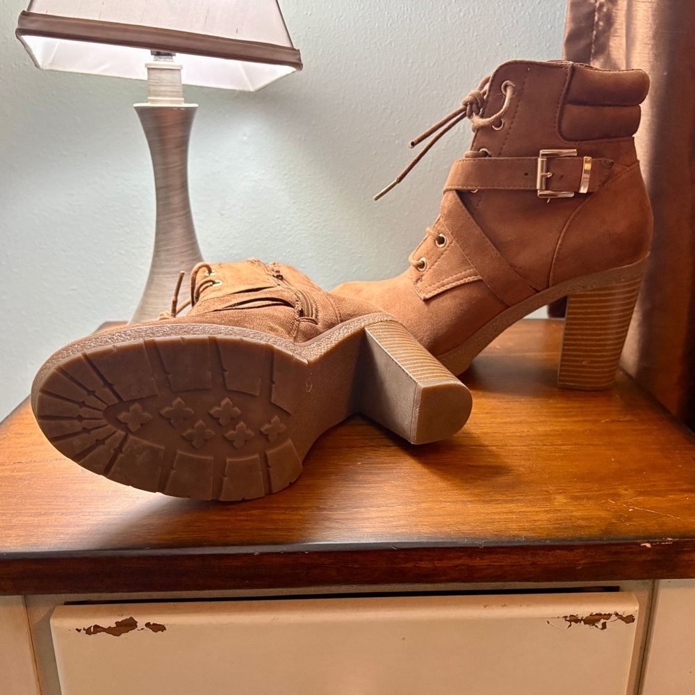 JustFab Tan Lace-Up Heeled Boots - Picture 2 of 4